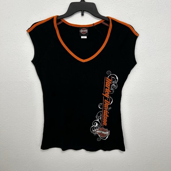 Harley-Davidson Tops - Harley Davidson Cap Sleeve V neck Shirt Black Orange Side Spell Out Logo Size L